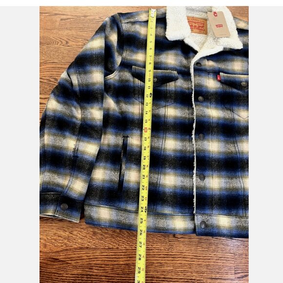 Levi's Mens Size Large Standard Twill Sherpa Trucker Jacket Blue Plaid Wool/Poly - Picture 6 of 8